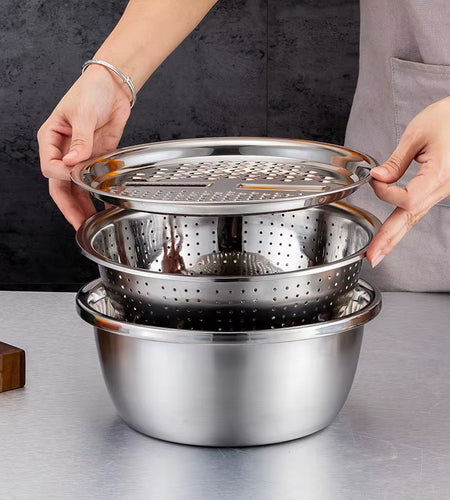 KitchenPro 3-in-1 Stainless Steel Drain Basket – Multifunctional Colander, Vegetable Slicer & Grater for Effortless Food Prep